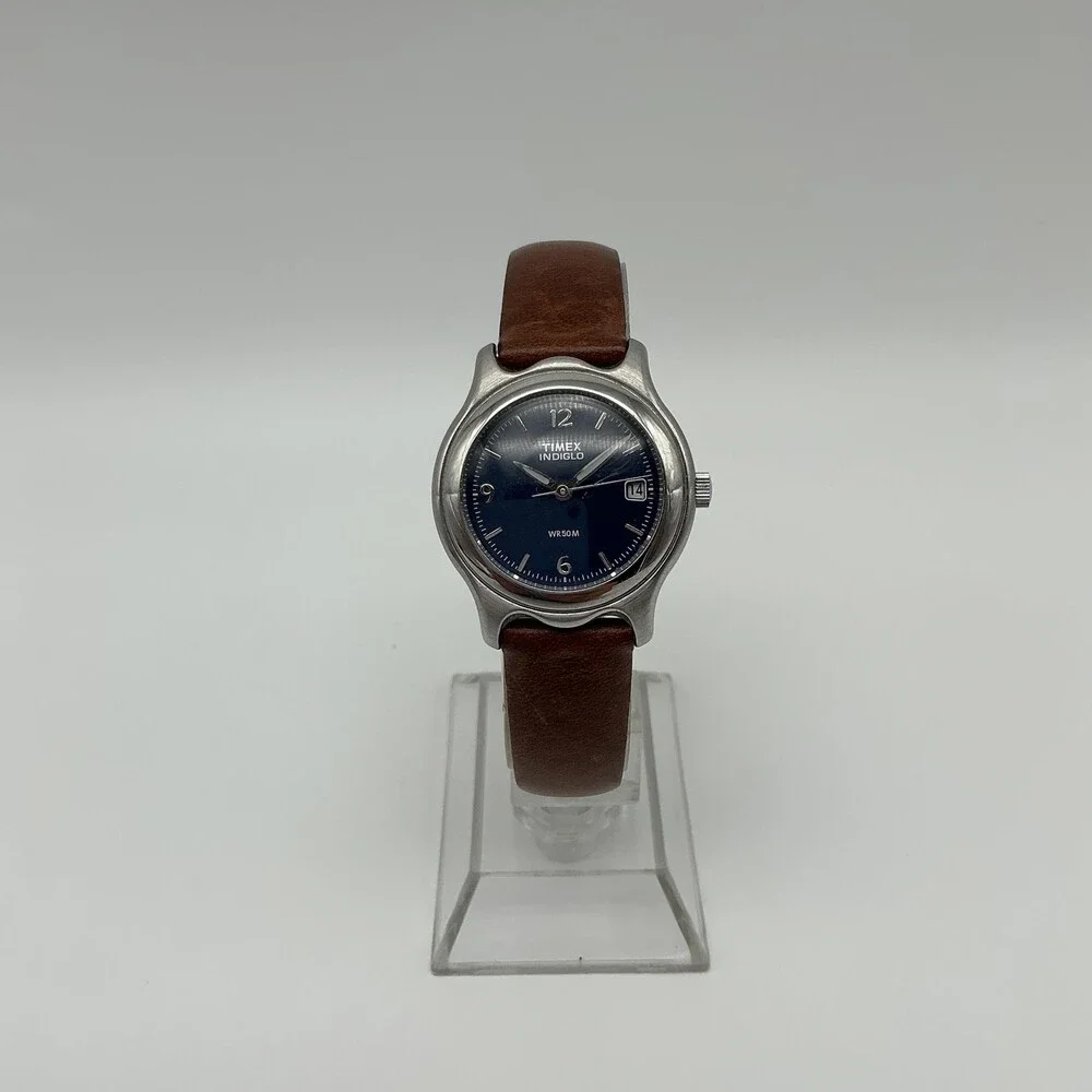 Timex Indiglo WR 50M Womens Watch 28mm Blue Dial Brown Leather New Battery